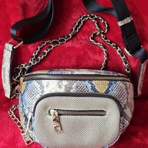 Steve Madden Snakeskin Print Crossbody & Waist Bag with Gold and Blue Accents